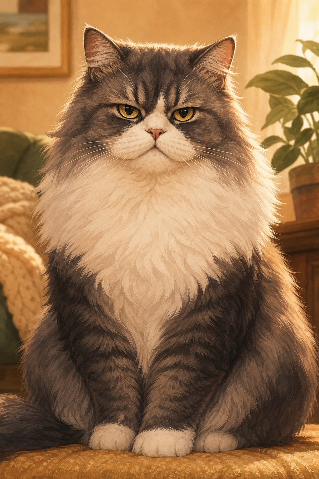 Maxwell looking formal and fluffy, like a tiny executive blocking a doorway.
